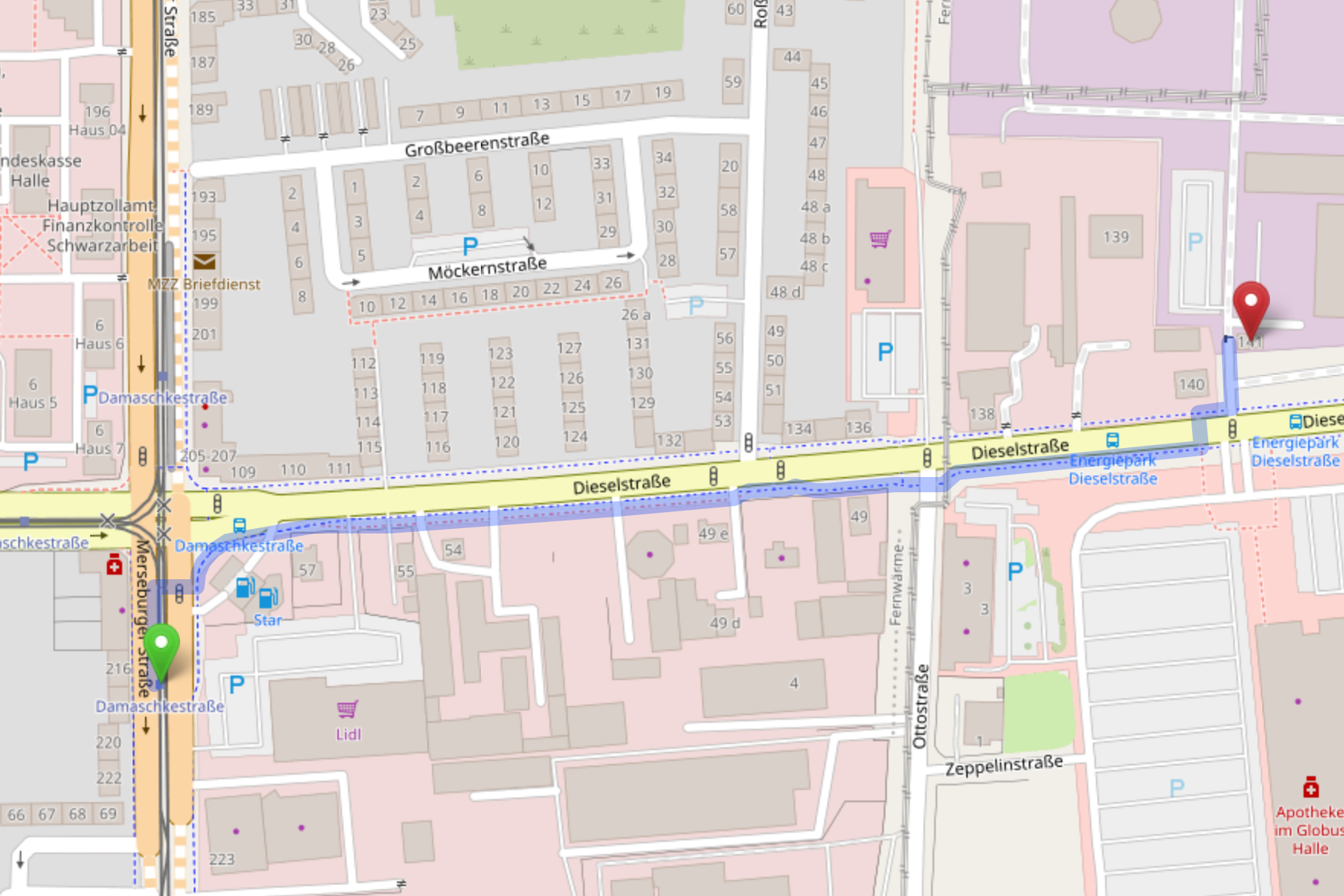 Kartendarstellung Gehweg ab Damaschkestraße, Haltestelle Linie 5 aus Richtung Hauptbahnhof/Marktplatz